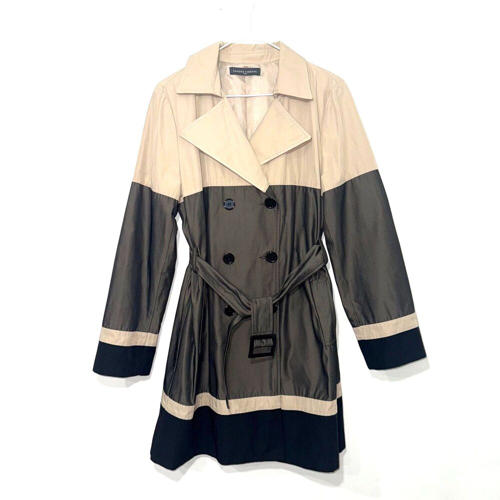 Sandro Ferrone Double Breasted Belted Trench Coat - Tan/Black 46/10